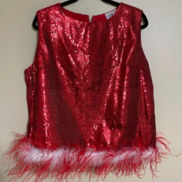 QUEEN OF SPARKLES Red Sequin Tank with Red & White‎ Feathers - SIZE XL - Picture 1 of 5